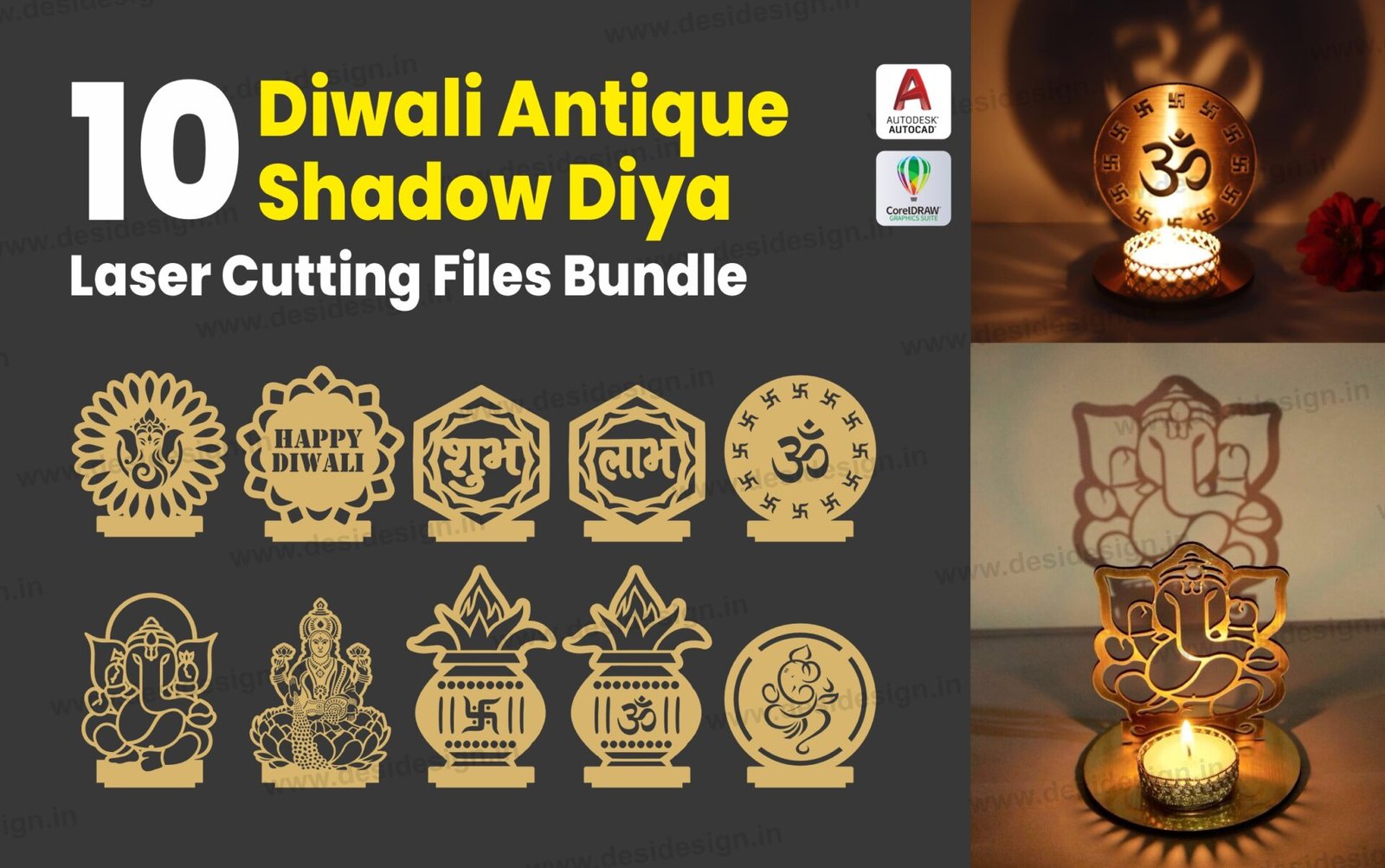 10 diwali shadow diya laser cutting files bundle